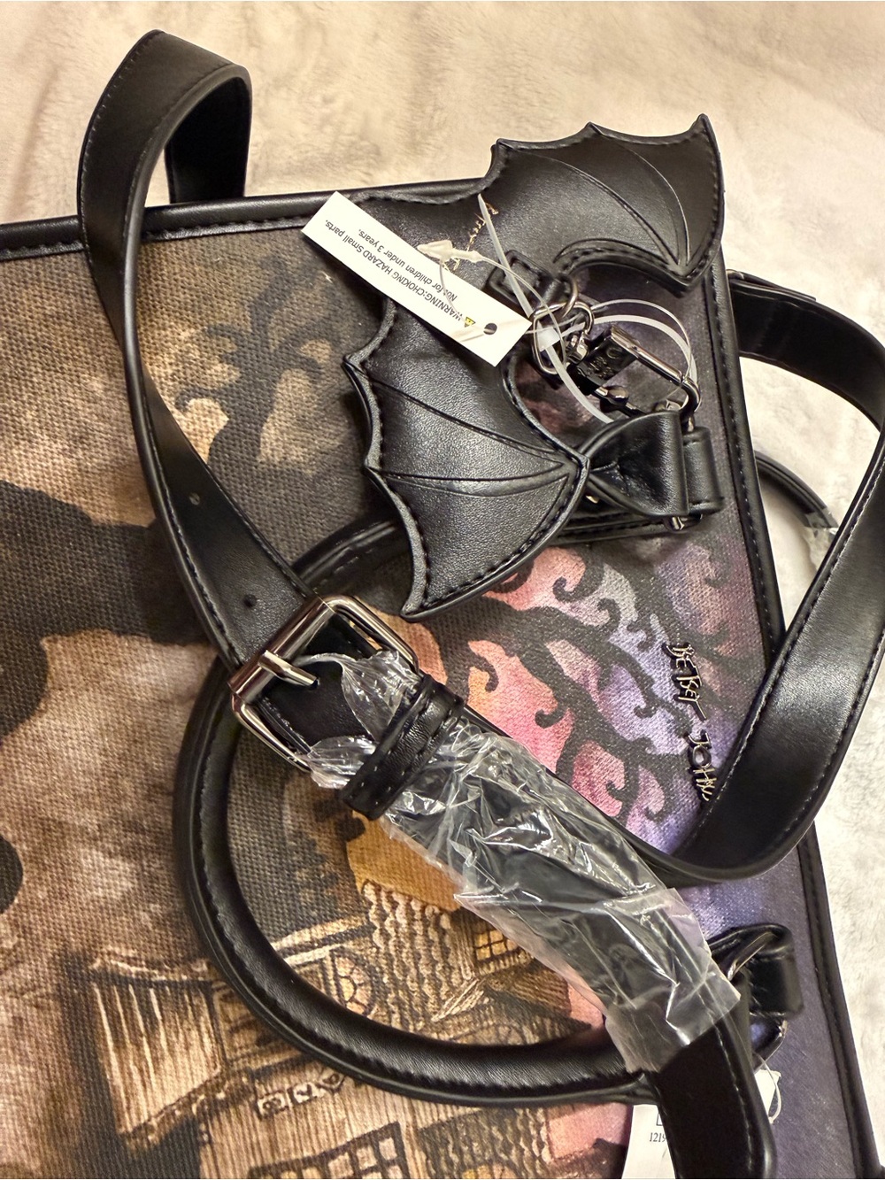 Viral Betsey Johnson Black Haunted House Satchel with Purple & Orange Sunset - Picture 5 of 8